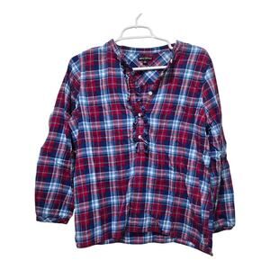 J Crew Mercantile Plaid Ruffle Blouse Medium Red Blue Henley Top